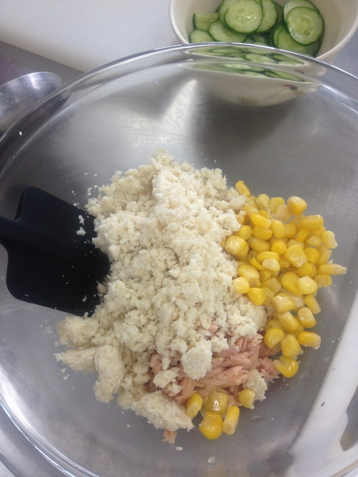 okara, cucumber slices, tuna, corn