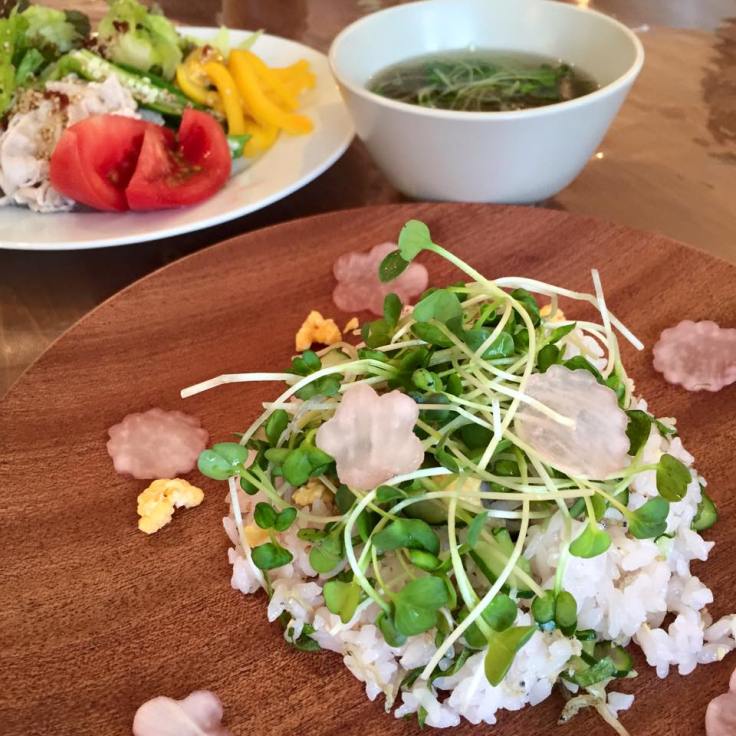 Pork Salad with Umeboshi sauce (top left), Umeboshi & Oboro Soup top right) and Chirashisushi with Umezu (bottom)